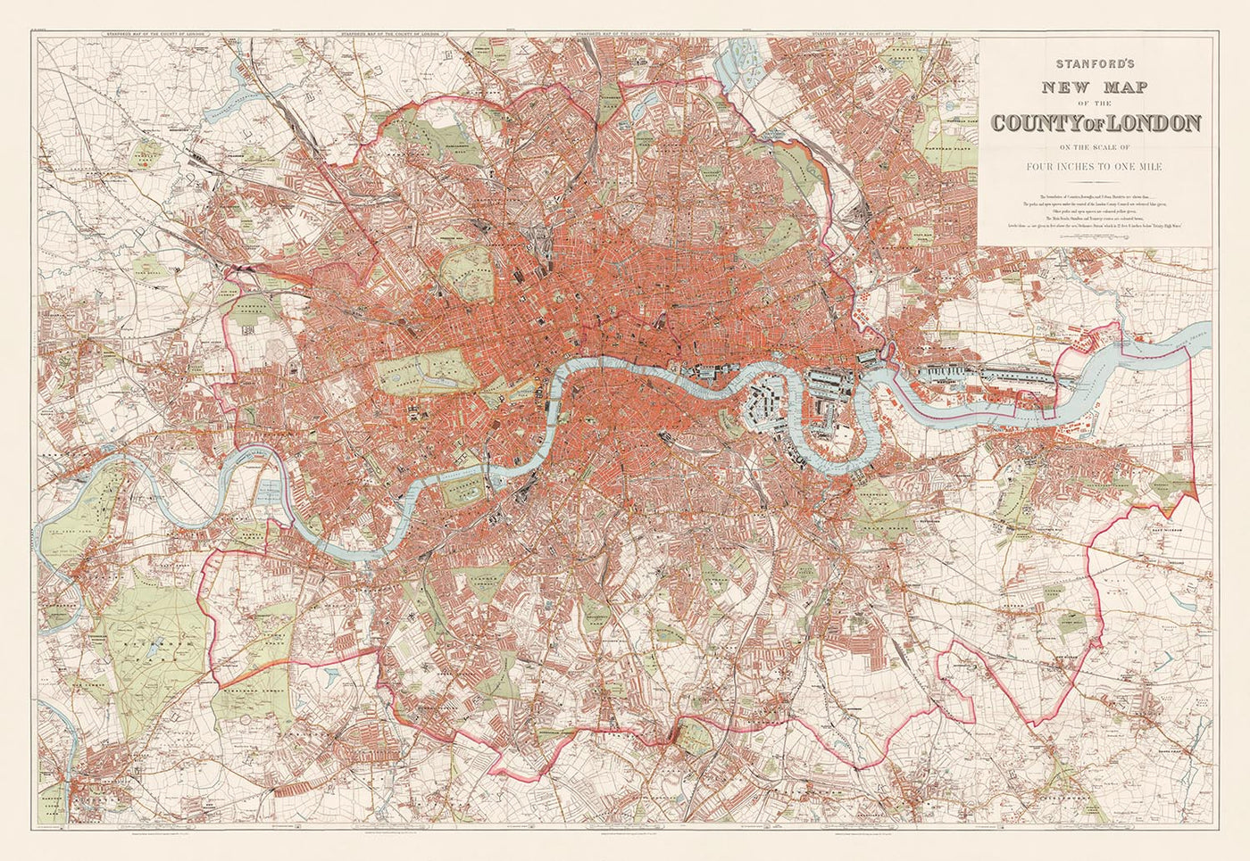 Large Wall Map of London by Stanford, 1905: Red Coloured Victorian Chart