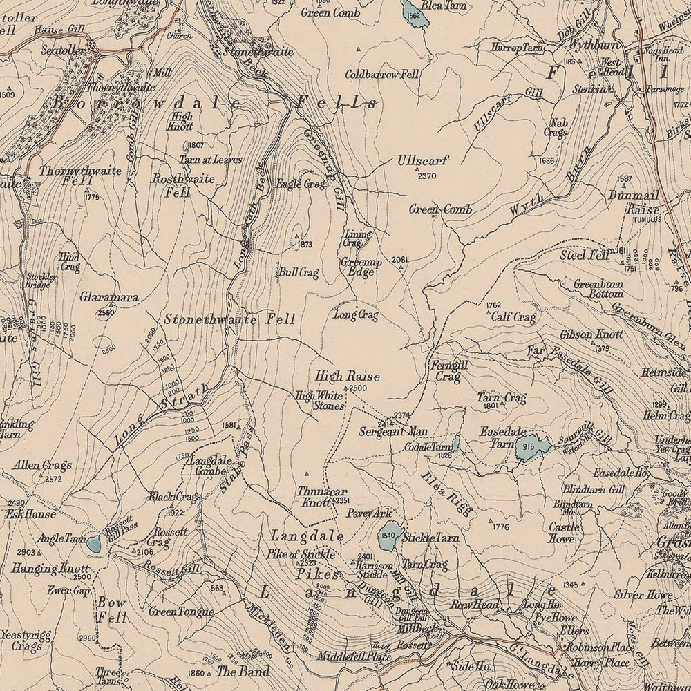 Mapa antiguo del Distrito de los Lagos de Stanford, 1899: Windermere, Scafell Pike, Kendal, Ullswater, Helvellyn