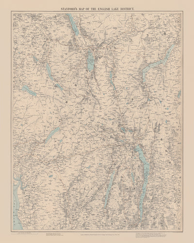 Ancienne carte du Lake District par Stanford, 1899 : Windermere, Scafell Pike, Kendal, Ullswater, Helvellyn
