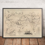 Mappa del Mondo Antico delle Rotte dei Battelli a Vapore di James Moore, 1850 