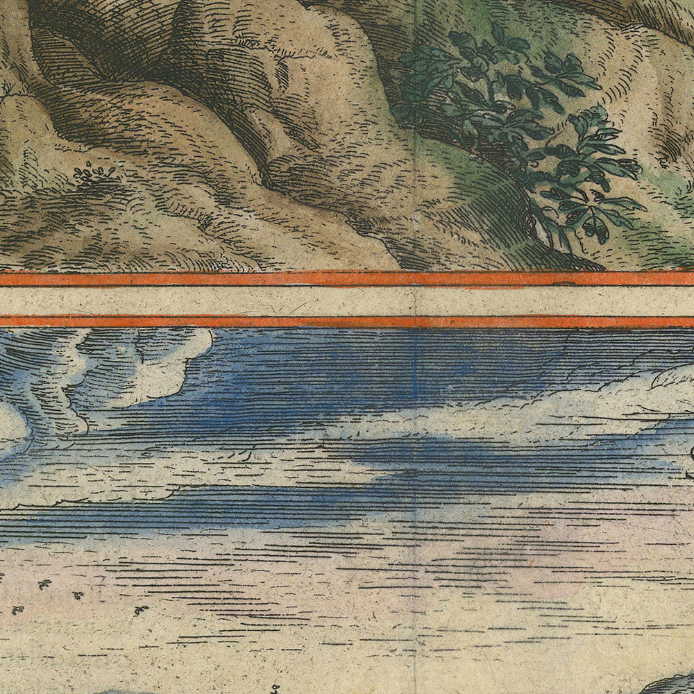 Mapa antiguo de Estocolmo, de Braun y Hogenberg, 1599: Palacio Real, iglesias, canales, barcos y colinas