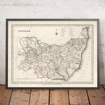Old Map of Suffolk in 1844 by Samuel Lewis - Ipswich, Woodbridge, Bury St. Edmunds, Thetford, Great Yarmouth