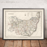 Ancienne carte du Suffolk en 1844 par Samuel Lewis - Ipswich, Woodbridge, Bury St. Edmunds, Thetford, Great Yarmouth