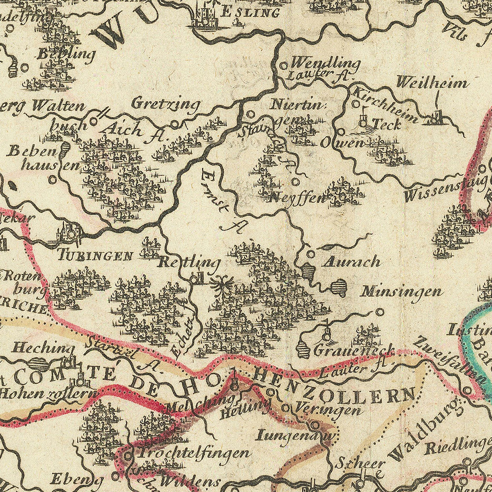 Alte Karte von Schwaben von Sanson, 1703: Stuttgart, Heidelberg, Augsburg, Schwarzwald, Rhein