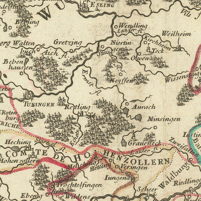 Mapa antiguo de Suabia de Sanson, 1703: Stuttgart, Heidelberg, Augsburgo, Selva Negra, río Rin