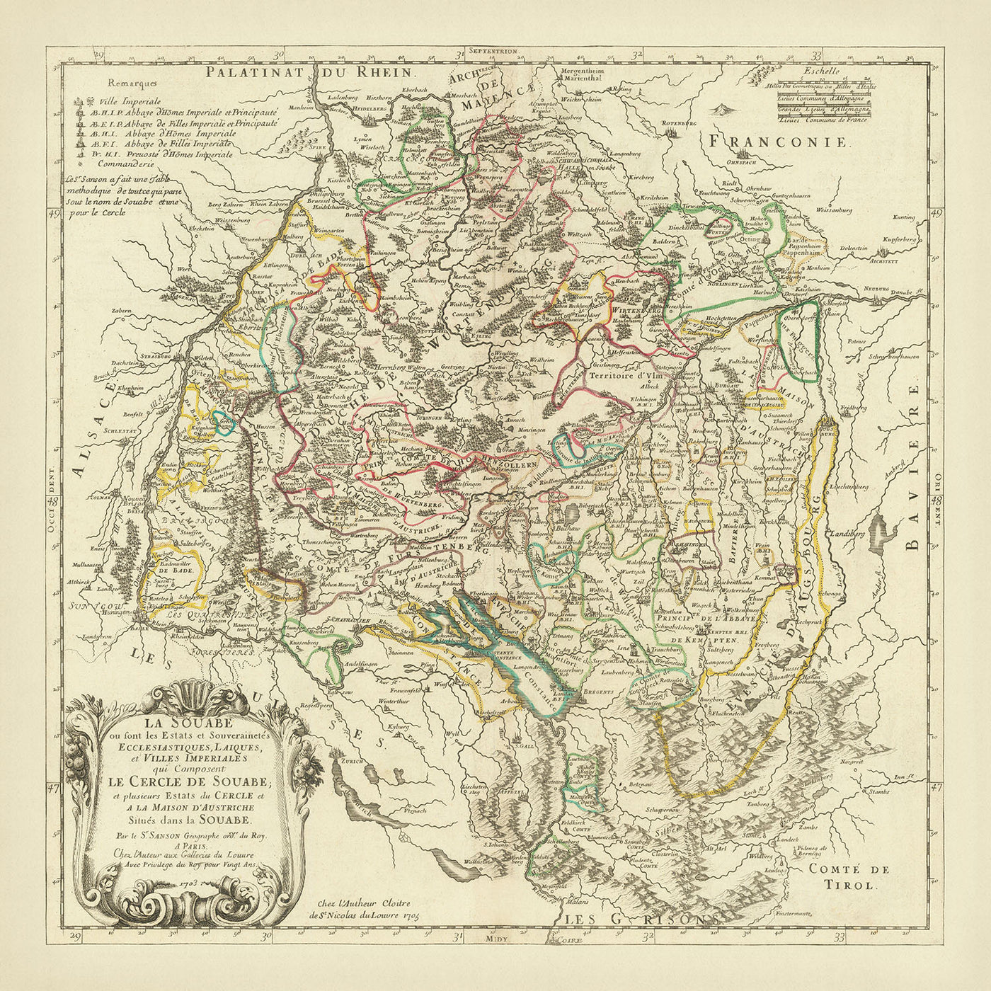 Mapa antiguo de Suabia de Sanson, 1703: Stuttgart, Heidelberg, Augsburgo, Selva Negra, río Rin