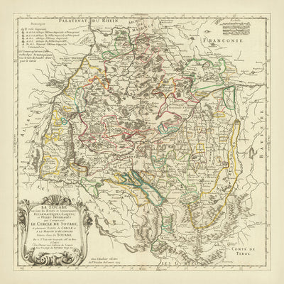 Mapa antiguo de Suabia de Sanson, 1703: Stuttgart, Heidelberg, Augsburgo, Selva Negra, río Rin