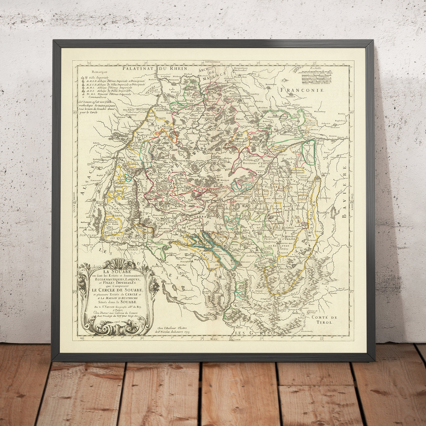 Mapa antiguo de Suabia de Sanson, 1703: Stuttgart, Heidelberg, Augsburgo, Selva Negra, río Rin