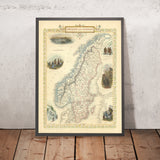 Ancienne carte de la Suède et de la Norvège par Tallis & Rapkin, 1855 : Stockholm, Christiania, Lapons, mines de fer, paysannerie 