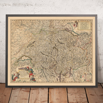 Mappa antica della Svizzera di Visscher, 1690: Berna, Zurigo, Ginevra, Losanna, Gruyère Parco Regionale di Pays-d&