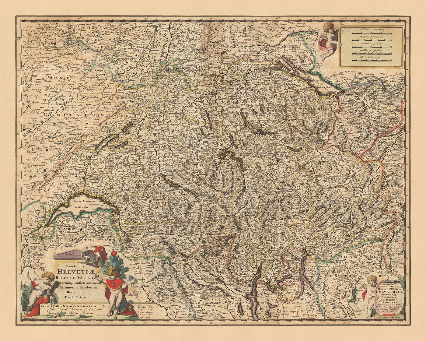 Mapa antiguo de Suiza de Visscher, 1690: Berna, Zúrich, Ginebra, Lausana, Parque Regional Gruyère Pays-d'Enhaut