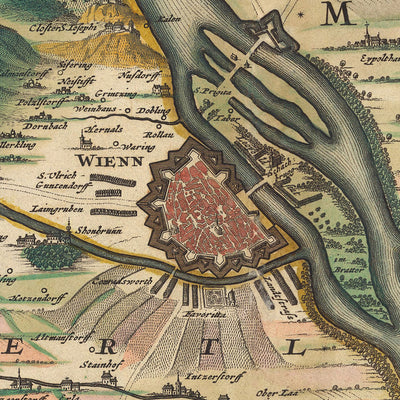 Antiguo mapa del territorio alrededor de Viena: Visscher, 1690: Tulln, Schwechat, Klosterneuburg, Baden bei Vien, Lainzer Tiergarten