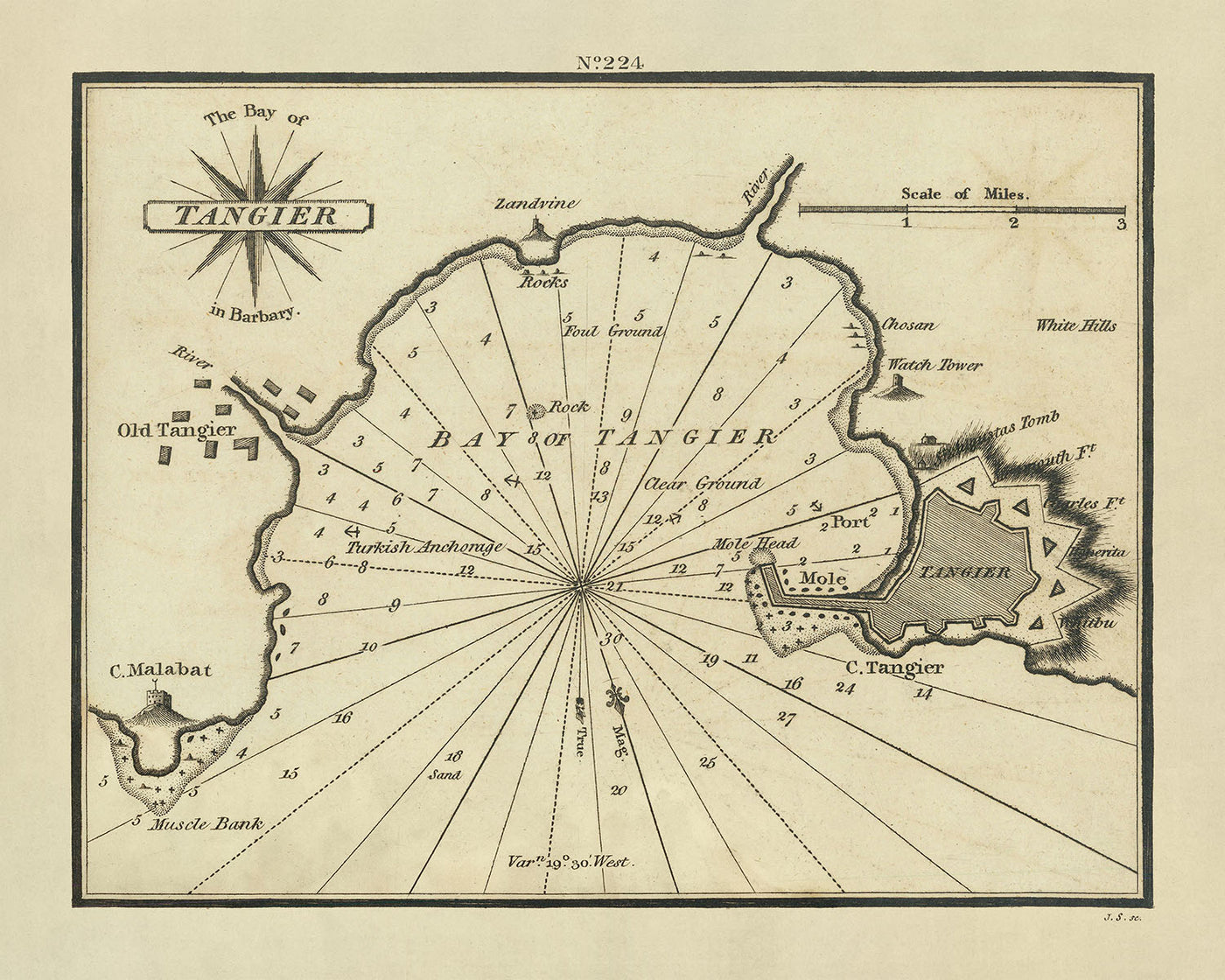 Carta náutica de la antigua bahía de Tánger de Heather, 1802: fuerte portugués, fuerte inglés, lugar de batalla