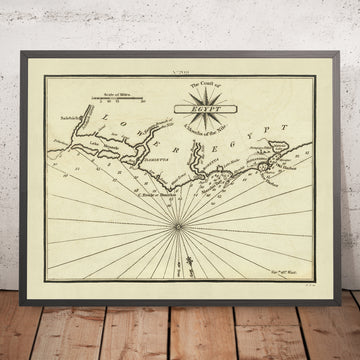 Ancienne carte nautique du delta du Nil par Heather, 1802 : Égypte, bouches du Nil, Alexandrie, Rosette 
