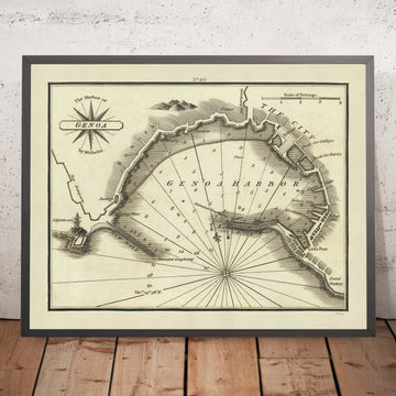 Old Harbour of Genoa, Italy Nautical Chart by Heather, 1802: Lanterna, Fortifications, Palazzo