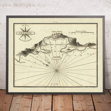 Old Porto Cesareo Nautical Chart by Heather, 1802: Southern Italy, Gulf of Tarento, Compass Rose