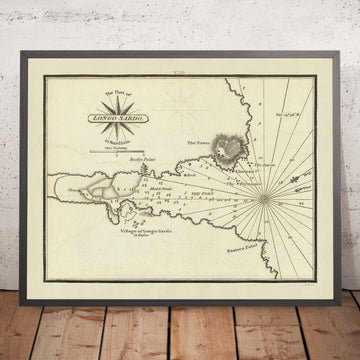 Alter Hafen von Longo Sardo, Sardinien Nautische Karte von Heather, 1802: Turm, Felsiger Punkt, Tiefen 