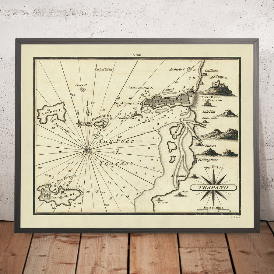 Porto Vecchio di Trapani, Sicilia Carta Nautica di Heather, 1802: Italia, Fortificazioni, Saline, Capanni da Pesca 