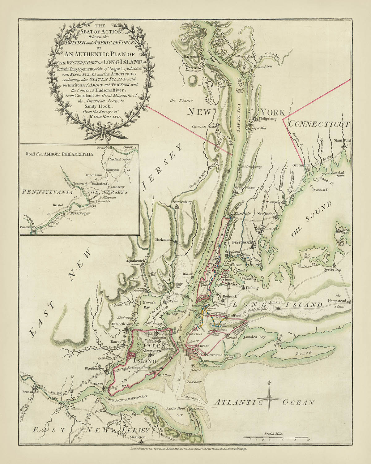 Antiguo mapa infográfico de la batalla de Long Island de Sayer y Bennett, 1776: desembarco británico, retirada estadounidense, presencia naval