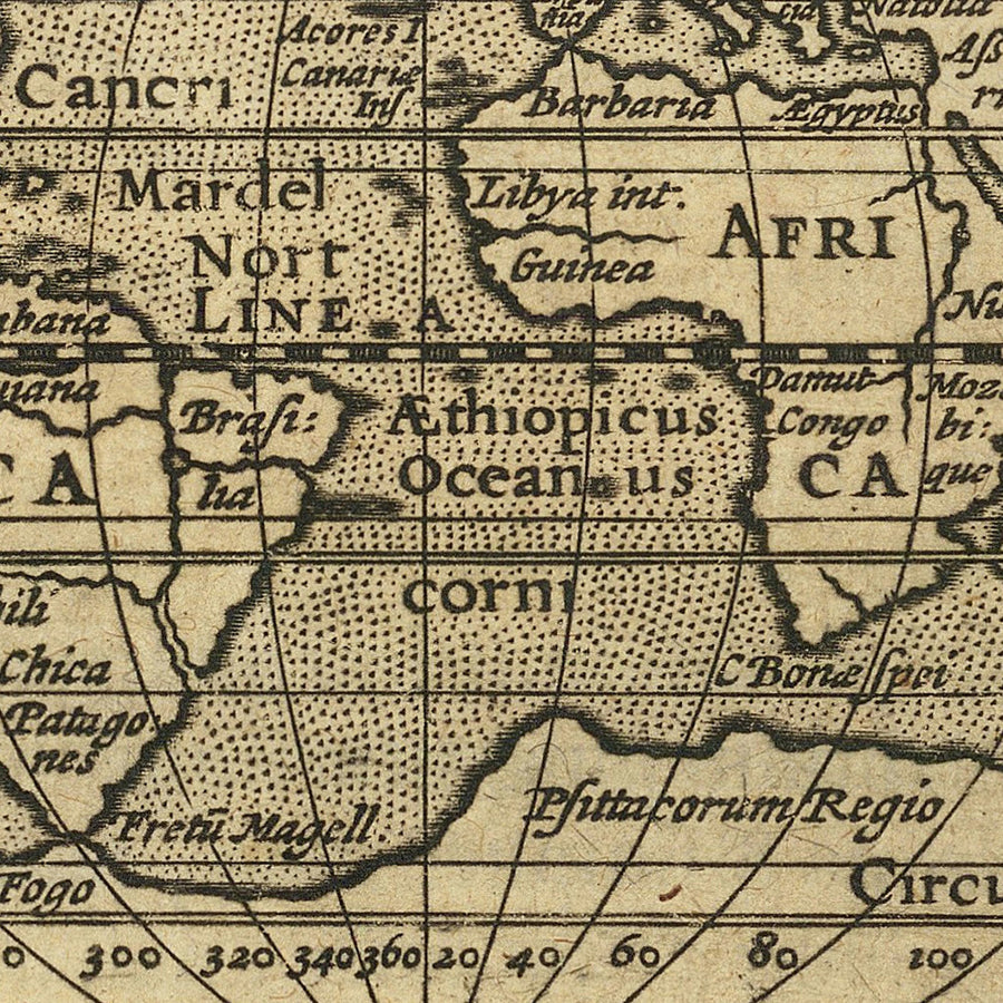 Mappa del mondo antico di Bertius, 1616: Proiezione ovale, decorazioni a nastro, Terra Australis 