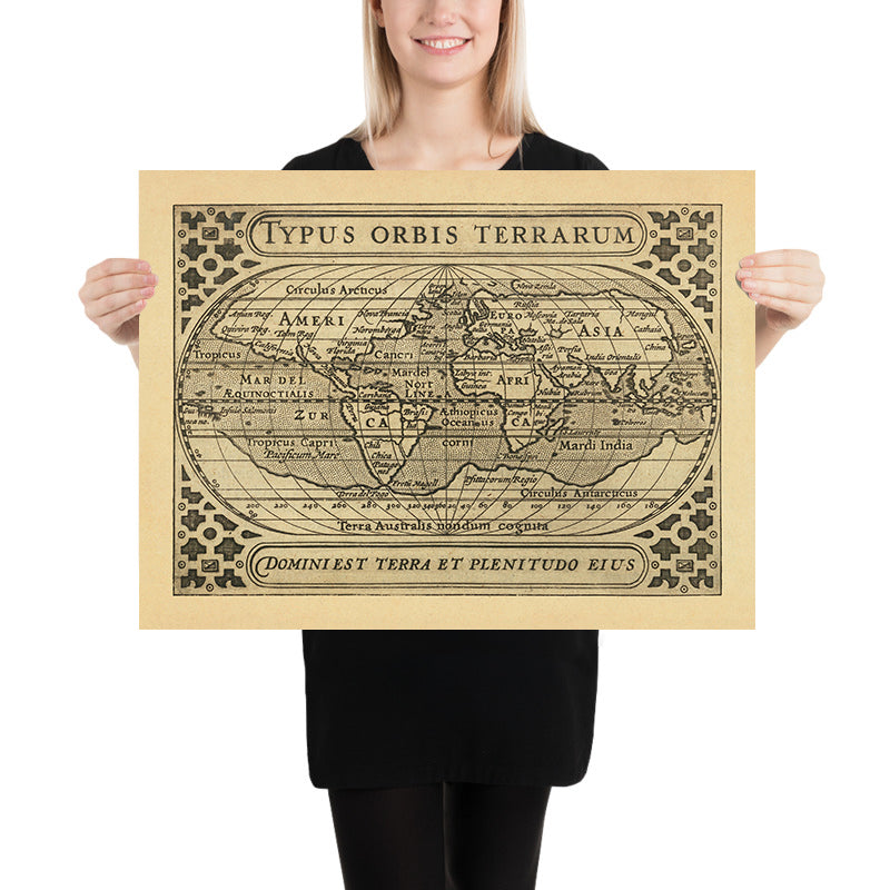 Mappa del mondo antico di Bertius, 1616: Proiezione ovale, decorazioni a nastro, Terra Australis 