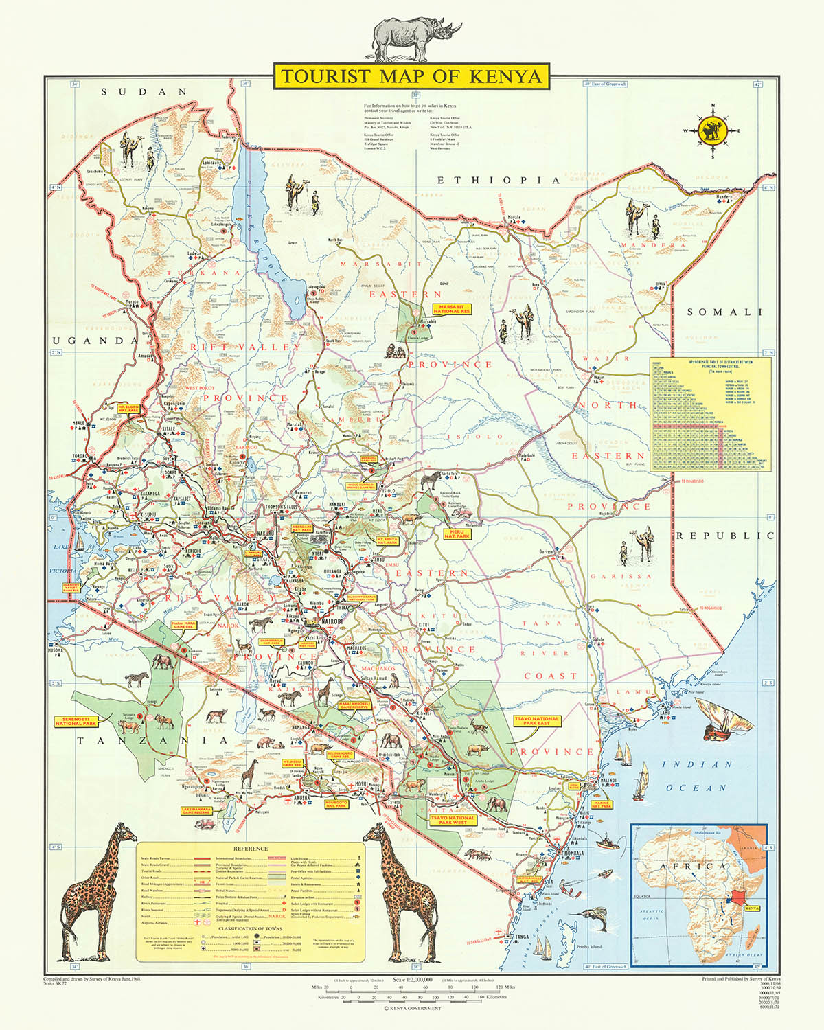 Ancienne carte picturale du Kenya, 1968 : Nairobi, Mombasa, le mont Kenya, le lac Victoria, les plaines de Tsavo