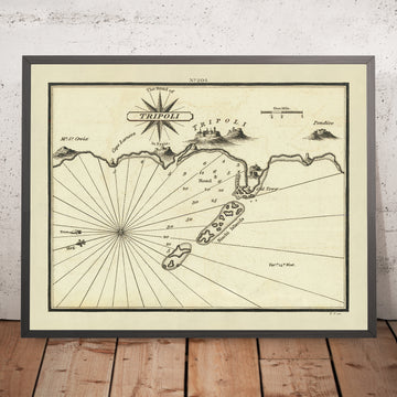 Antigua carta náutica de Trípoli por Heather, 1802: Líbano, Siria, detalles costeros, fortalezas 