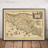 Mappa antica della Toscana da Jansson, 1652: città-stato etrusche, Lazio, Umbria, insediamenti e strade romane, Appennini, fiume Arno 