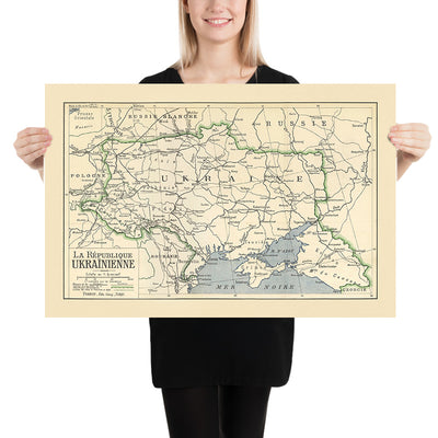 Ancienne carte politique de l'Ukraine, 1919 : Kiev, fleuve Dniepr, mer Noire, Carpates, péninsule de Crimée