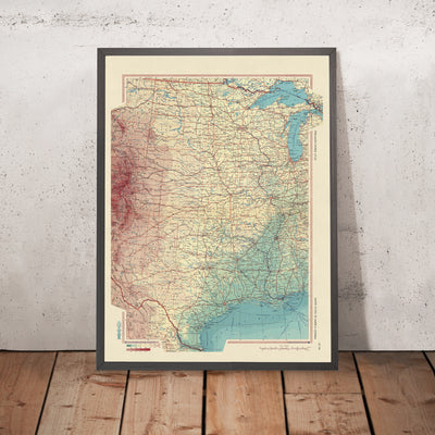 Mapa antiguo del centro de Estados Unidos realizado por el Servicio de Topografía del Ejército Polaco, 1967: Chicago, Nueva Orleans, Montañas Rocosas, Río Mississippi, Gran Cañón