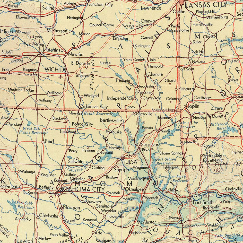 Mapa antiguo del centro de Estados Unidos realizado por el Servicio de Topografía del Ejército Polaco, 1967: Chicago, Nueva Orleans, Montañas Rocosas, Río Mississippi, Gran Cañón