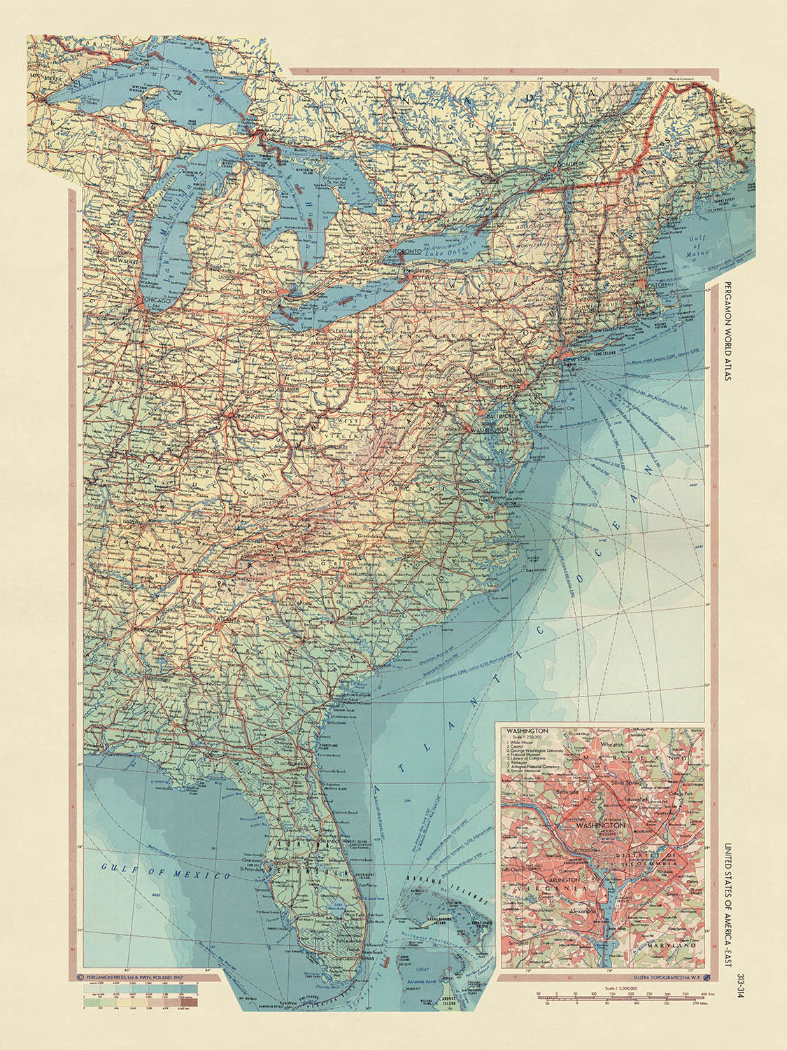 Mapa antiguo de Estados Unidos realizado por el Servicio de Topografía del Ejército Polaco, 1967: Nueva York, Chicago, Washington DC, Grandes Lagos, Río Mississippi
