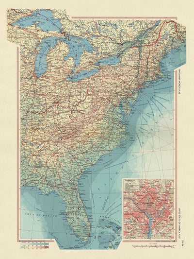 Mapa antiguo de Estados Unidos realizado por el Servicio de Topografía del Ejército Polaco, 1967: Nueva York, Chicago, Washington DC, Grandes Lagos, Río Mississippi