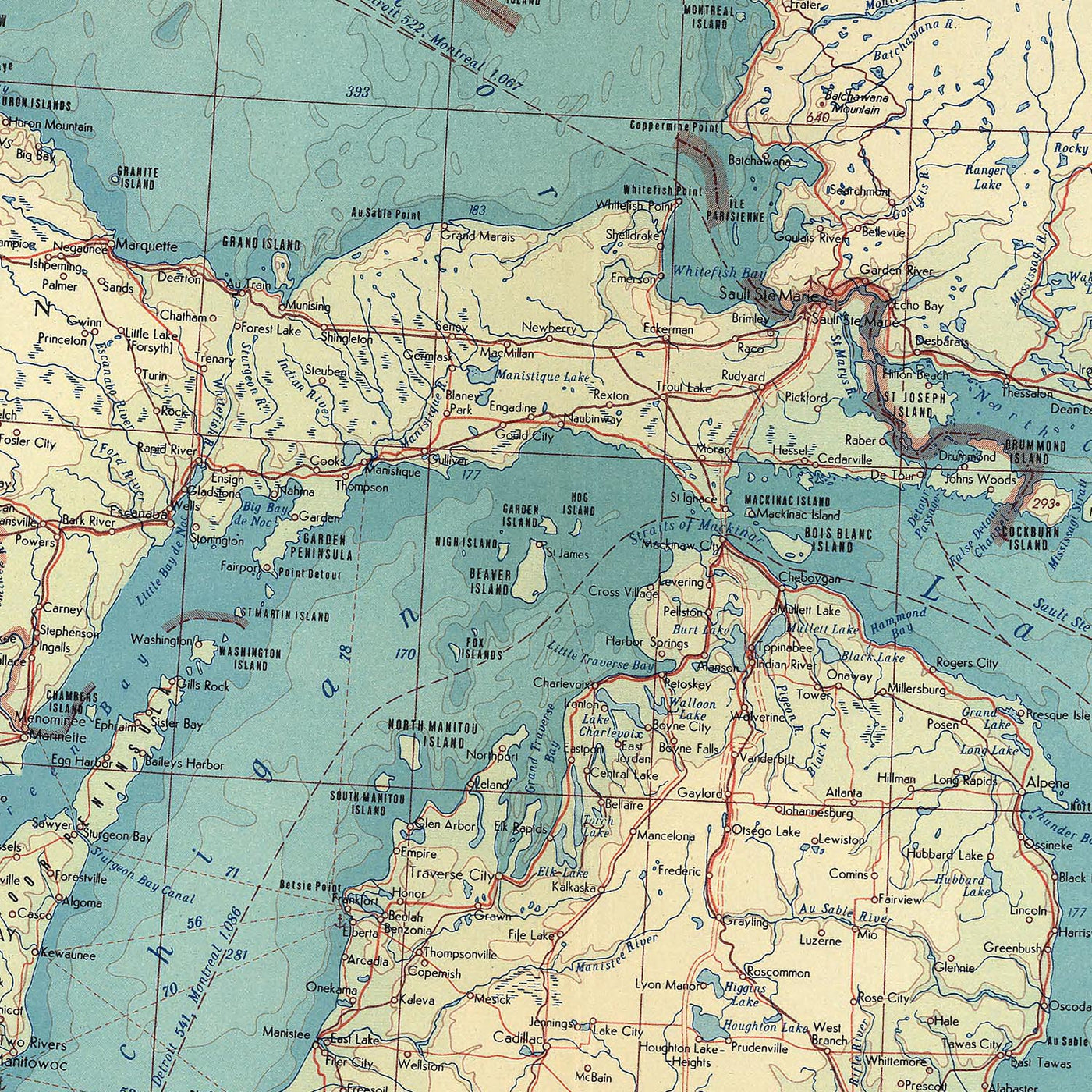 Ancienne carte des Grands Lacs, 1967 : lac Michigan, lac Huron, lac Ontario, lac Érié et lac Supérieur. 
