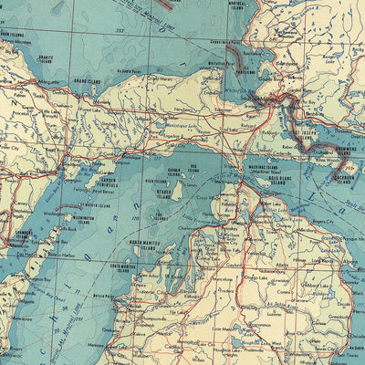 Ancienne carte des Grands Lacs, 1967 : lac Michigan, lac Huron, lac Ontario, lac Érié et lac Supérieur. 