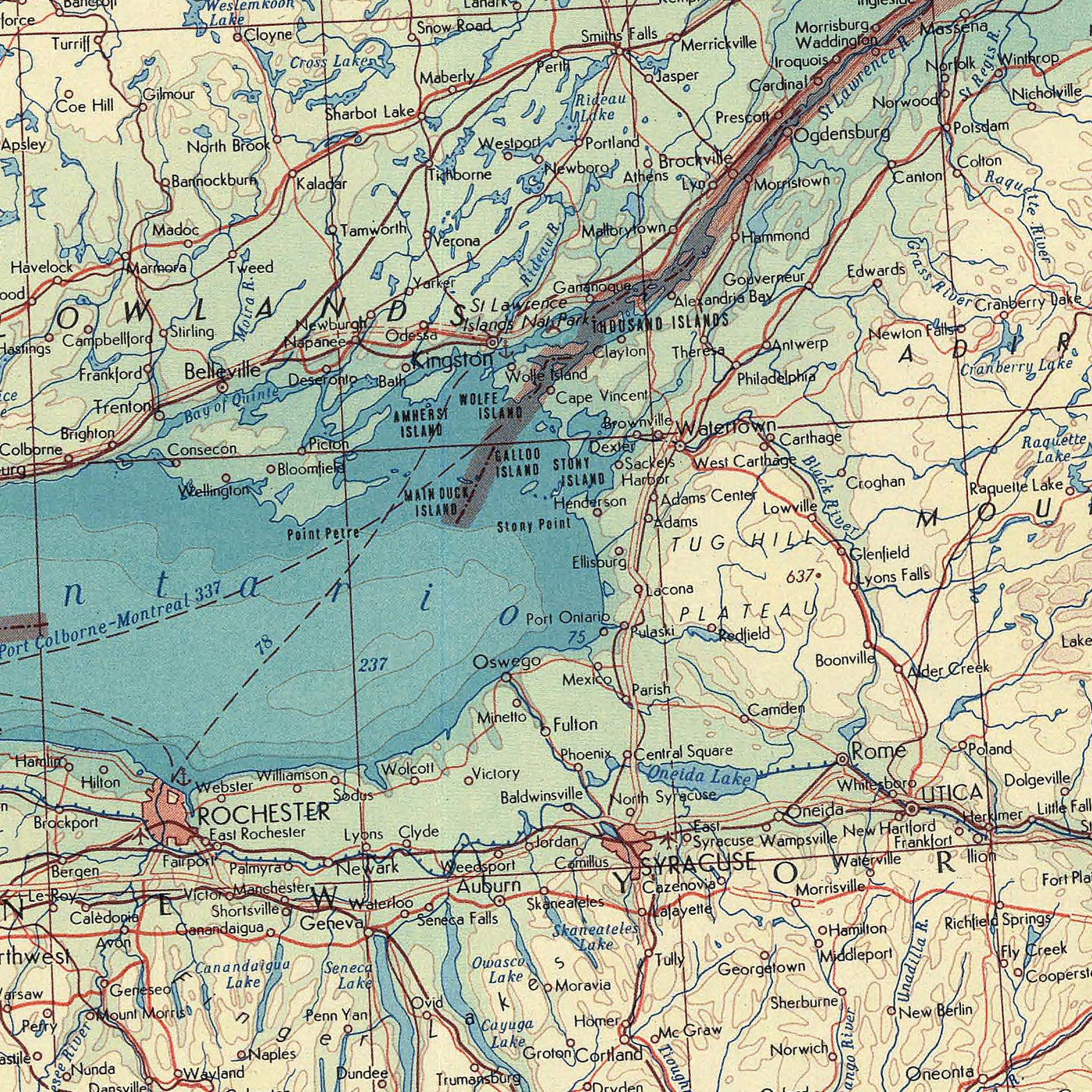 Ancienne carte des Grands Lacs, 1967 : lac Michigan, lac Huron, lac Ontario, lac Érié et lac Supérieur. 