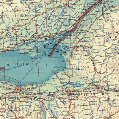 Ancienne carte des Grands Lacs, 1967 : lac Michigan, lac Huron, lac Ontario, lac Érié et lac Supérieur. 
