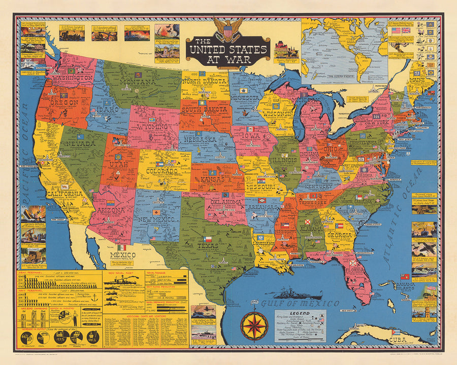 Ancienne carte des États-Unis en guerre par Stanley Turner, 1943 : tableau de l&