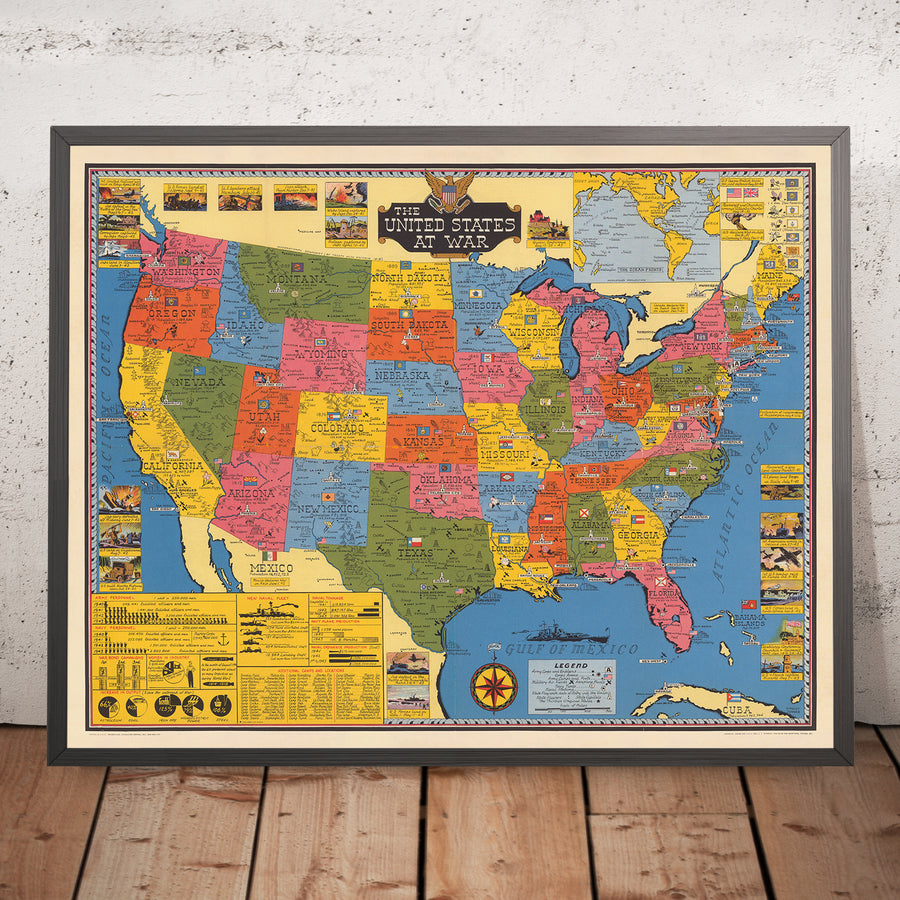 Ancienne carte des États-Unis en guerre par Stanley Turner, 1943 : tableau de l&