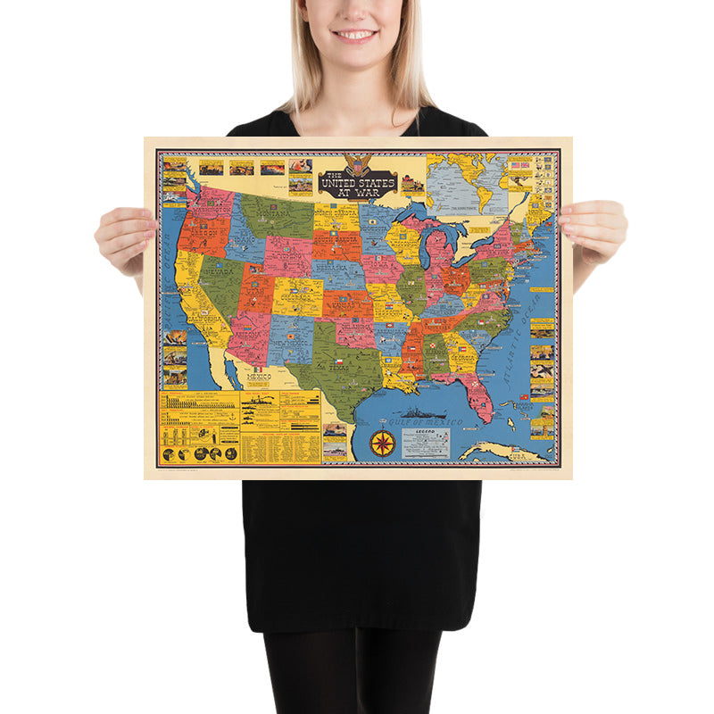 Ancienne carte des États-Unis en guerre par Stanley Turner, 1943 : tableau de l&