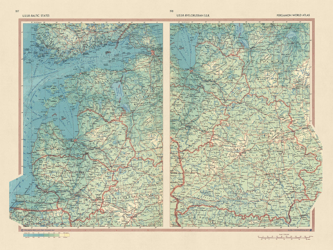 Mapa antiguo de los Estados bálticos y Bielorrusia, Servicio de Topografía del Ejército Polaco, 1967: Riga, Minsk, Vilna, Golfo de Riga, Laguna de Curlandia
