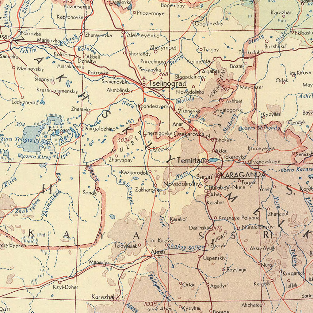 Ancienne carte du Kazakhstan par le service topographique de l'armée polonaise, 1967 : Almaty, Karaganda, Shymkent, lac Balkhash, mer Caspienne