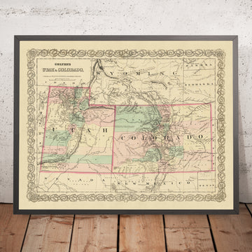 Alte Karte von Utah & Colorado von J. H. Colton, 1873: Salt Lake City, Denver, Provo, Colorado Springs, Fort Collins 