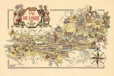 Antiguo mapa pictórico del valle del Loira por Liozu, 1951: Orleans, Tours, Angers, castillos, viñedos