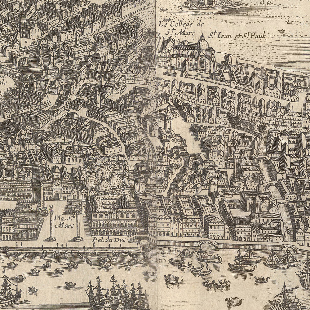 Antiguo mapa a vista de pájaro de Venecia por Boisseau, 1648: Basílica de San Marcos, Palacio Ducal, Puente de Rialto, Gran Canal, Laguna de Venecia.