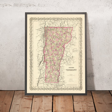 Mappa antica del Vermont di J.H. Colton, 1855: Burlington, Montpelier, Rutland, Brattleboro, St. Albans 