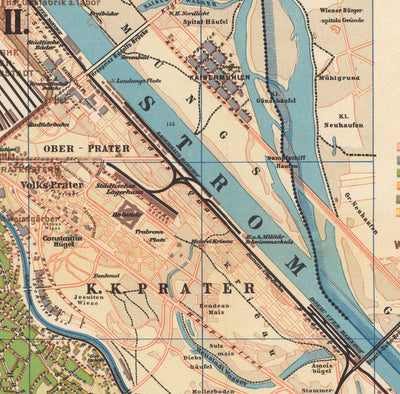 Mapa antiguo de Viena por Gustav Freytag en 1895 - Innere Stadt, Leopoldstadt, Wieden, Margareten, Landstraße