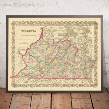 Alte Karte von Virginia von Colton, 1859: Richmond, Alexandria, Norfolk, Lynchburg, Petersburg 