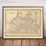 Ancienne carte de la Virginie par Colton, 1859 : Richmond, Alexandria, Norfolk, Lynchburg, Petersburg