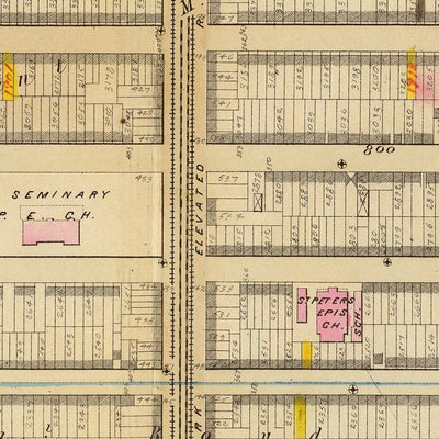 Alte Karte von Chelsea, New York City, 1879: 6. bis 13. Avenue, Theologisches Seminar, Retort House, Grand Opera House